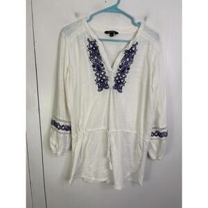 Lauren Ralph Lauren Top Womens Large Embroidered Peasant Blouse Tie Waist